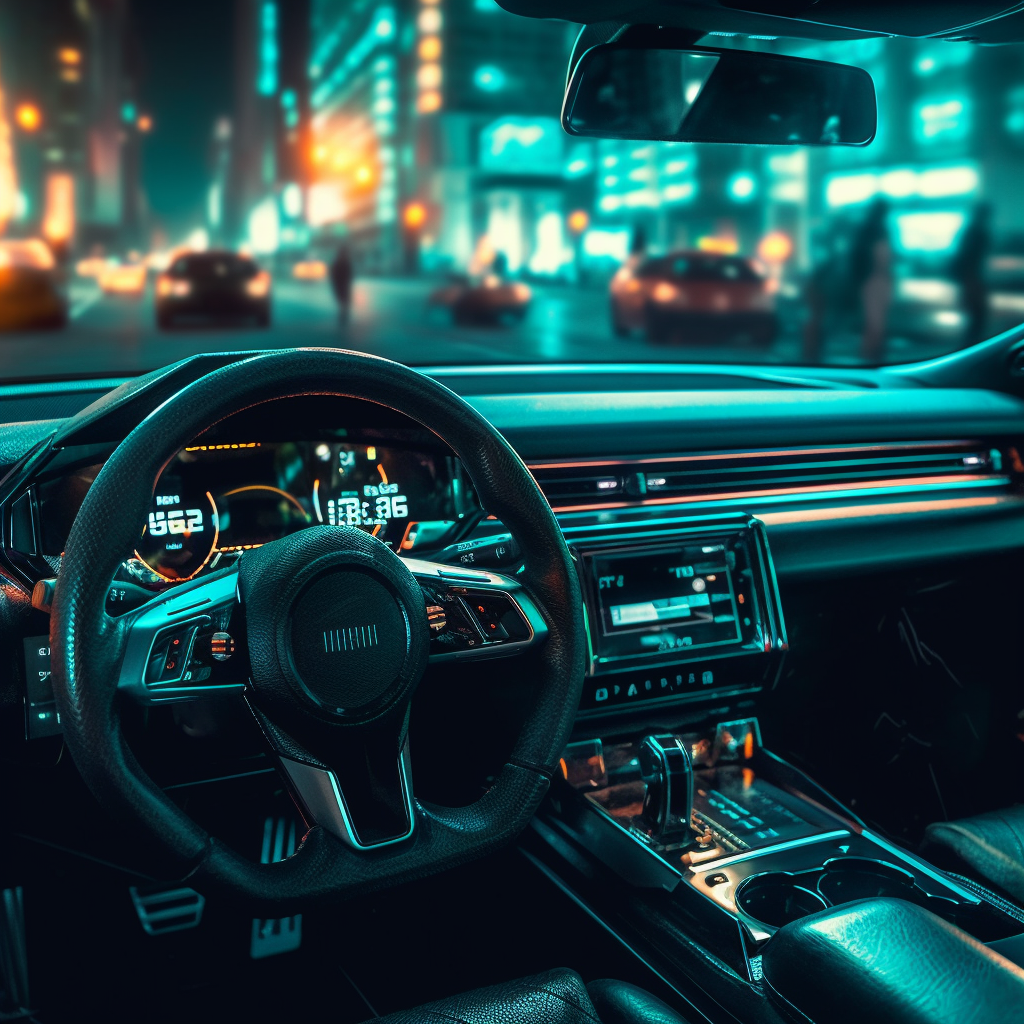 Closeup of Cyberpunk Teal Lights on Steering Wheel