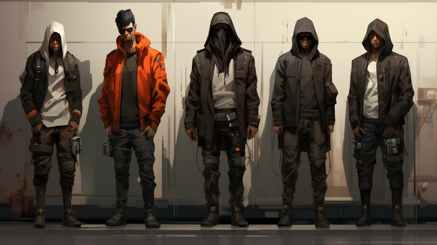 Concept art sketch of cyberpunk tech criminals