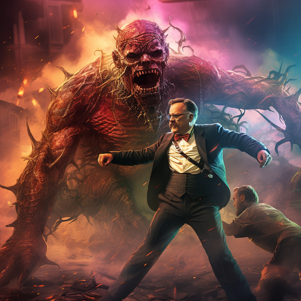 Teddy Roosevelt fighting evil in cyberpunk style