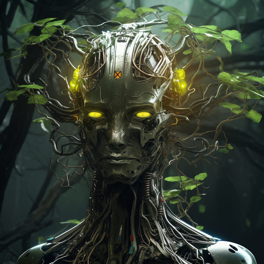 Futuristic cyberpunk tree robot  (5 words)