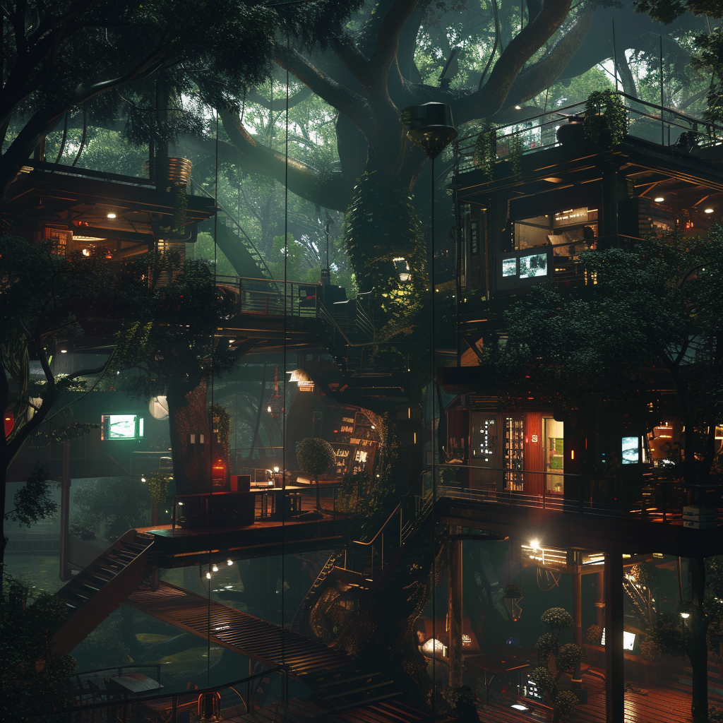 Cyberpunk treehouse in forest at night