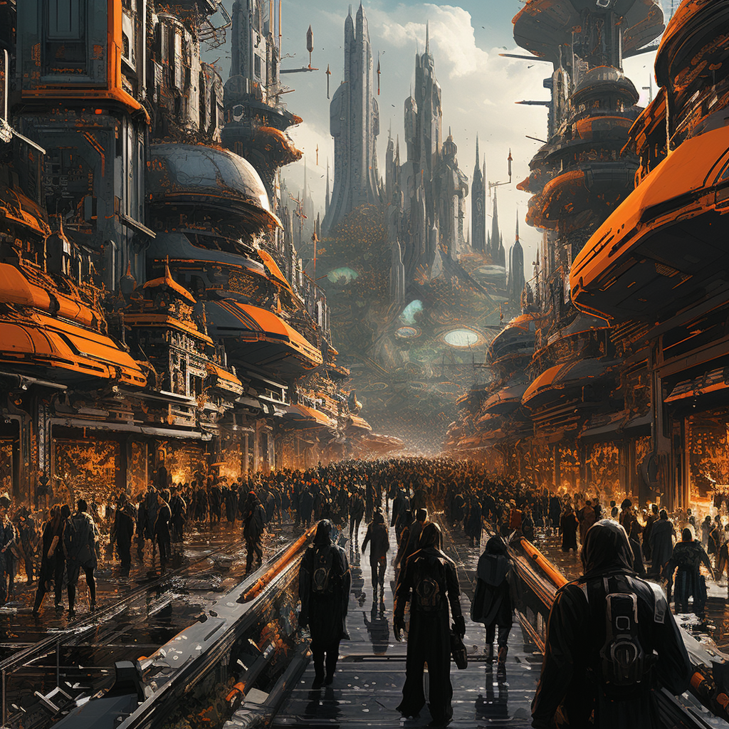 Monks marching through Cyberpunk Utopia