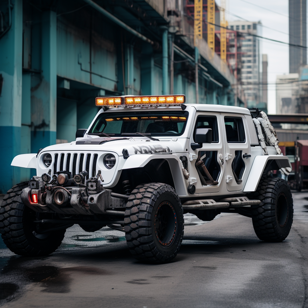 Cyberpunk white Jeep Gladiator in Downtown LA