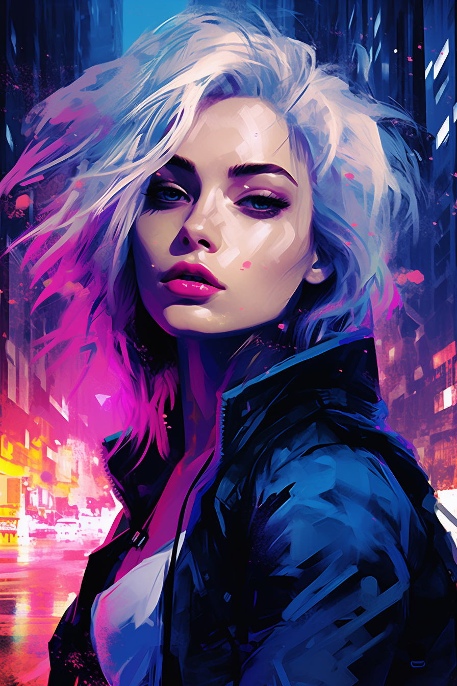 Cyberpunk woman with blond hair and blue eyes in neon city