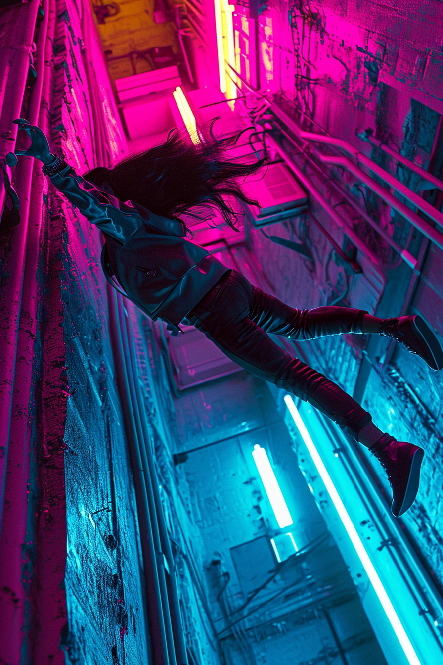 A cyberpunk woman falling from a neon building