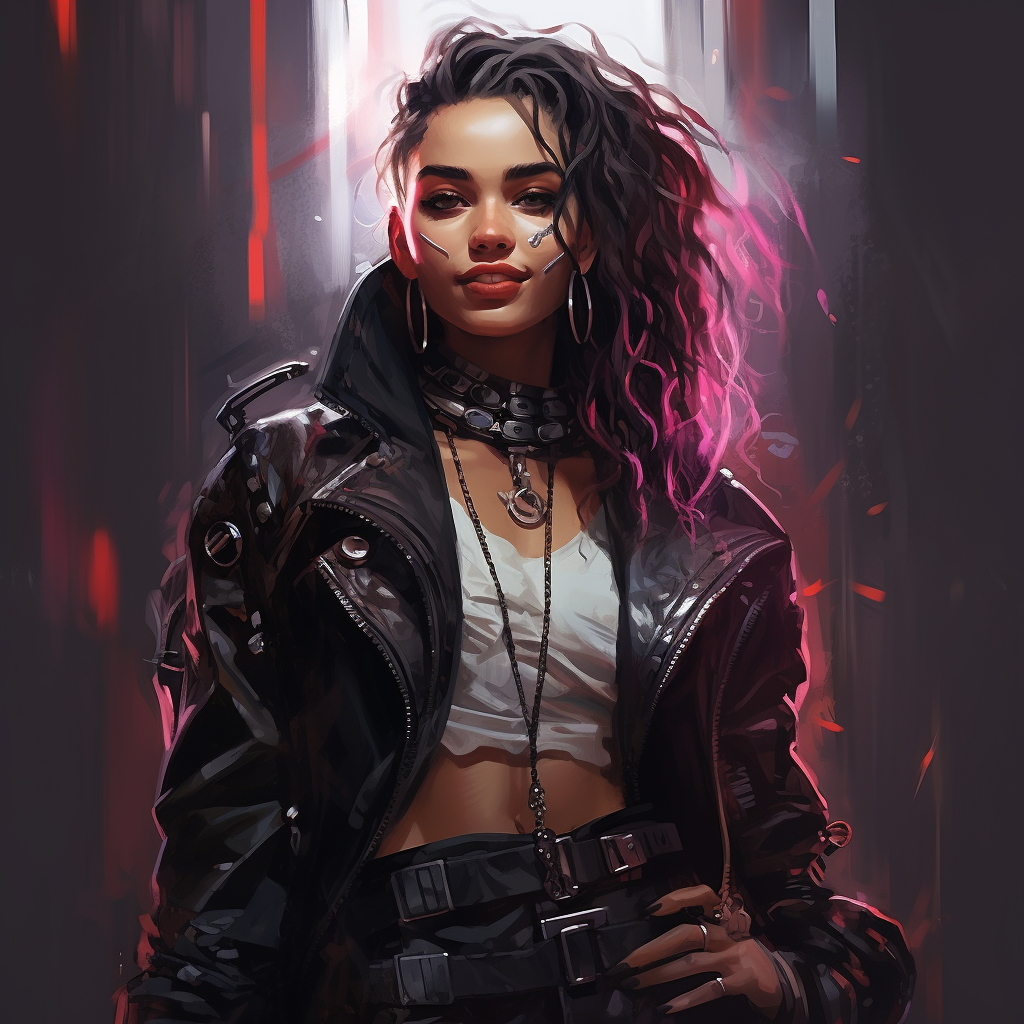 Stylish cyberpunk woman with leather coat and cyberarm