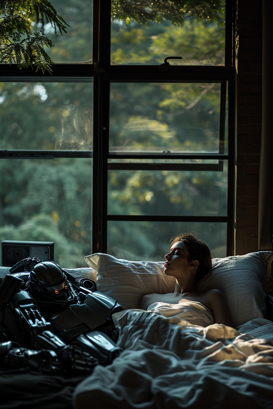 Portrait of Young Cyberpunk Woman with Sleeping Male Robot