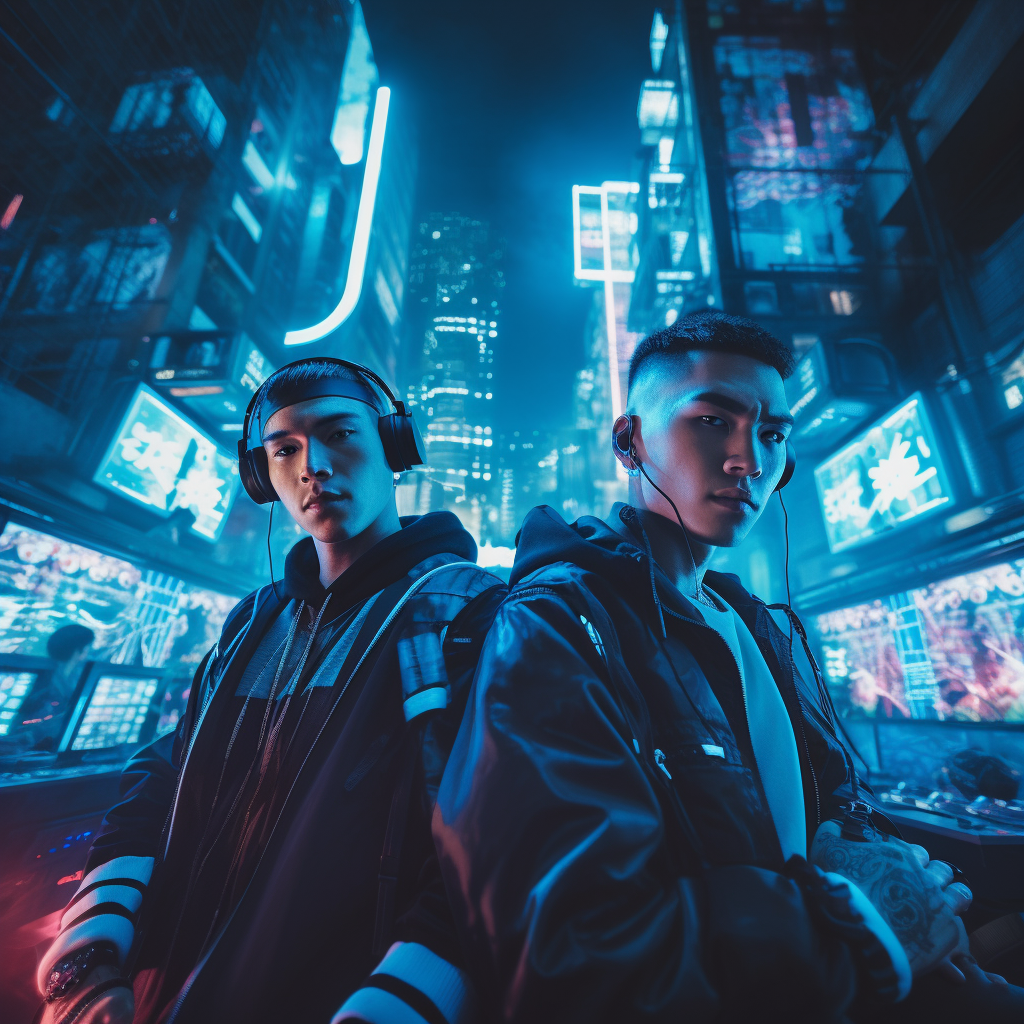 Male drummer and Chinese DJ with headphones in cyberpunk club