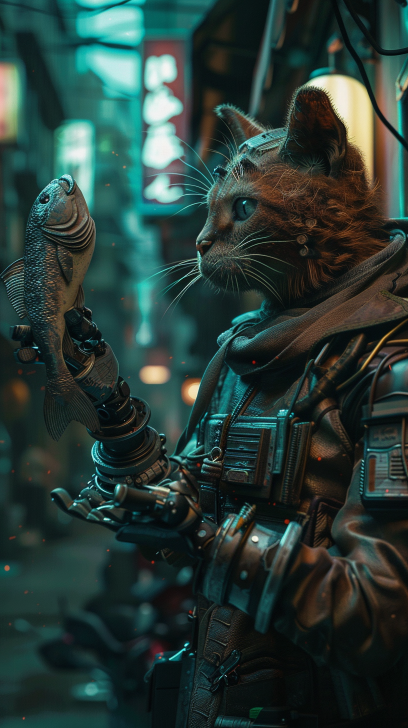 cyberpunk cat holding mechanical fish