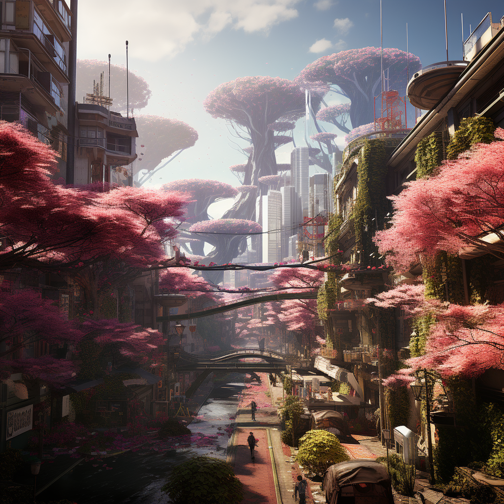 Blossoming Cercis chinensis in Cyberpunk City