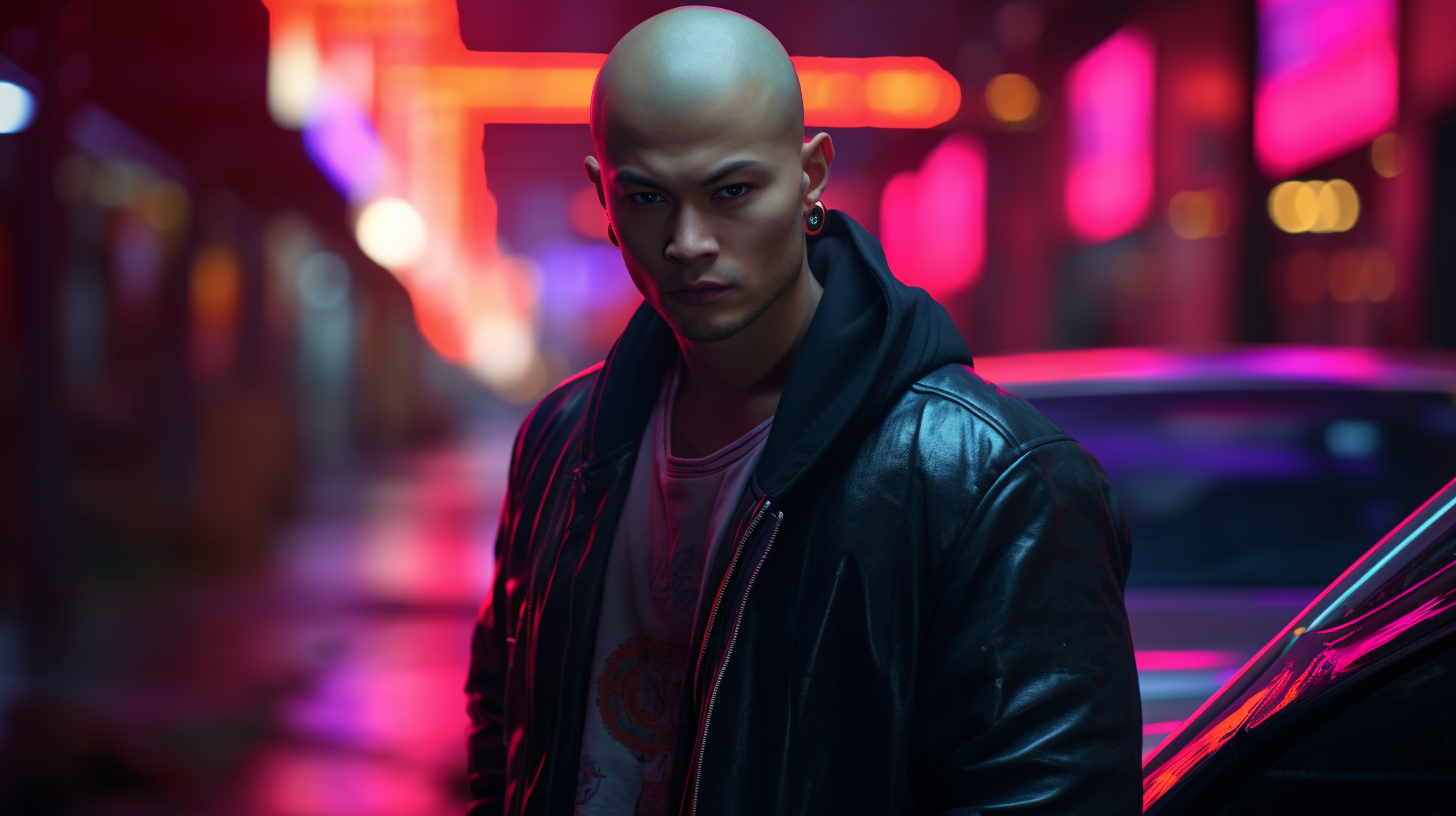 Young man with cyberpunk style standing in front of car