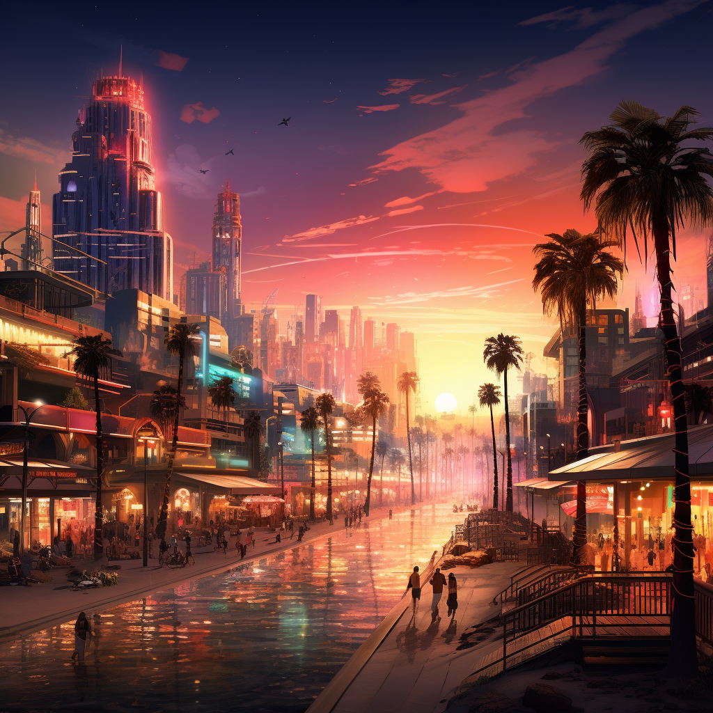 Futuristic cityscape with Venice Beach vibe