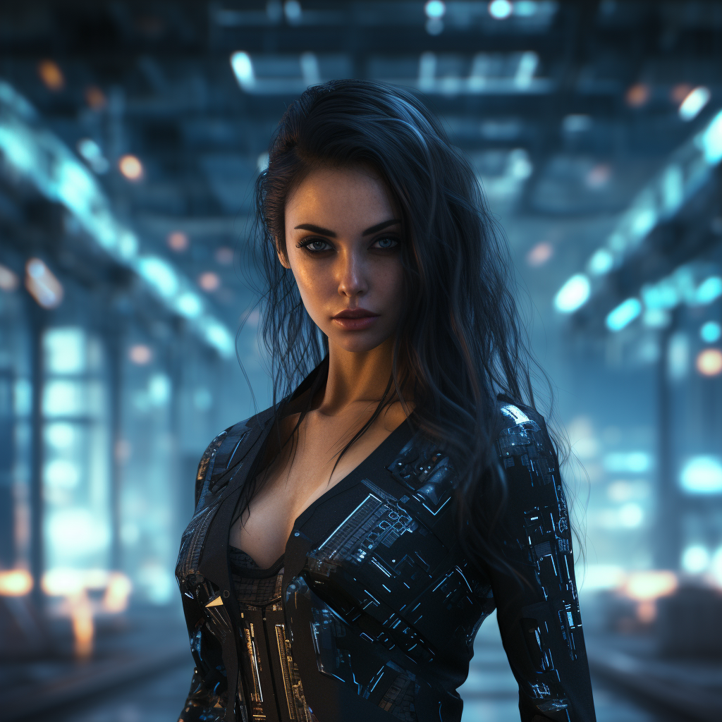 Beautiful dark-haired woman in cyberpunk setting