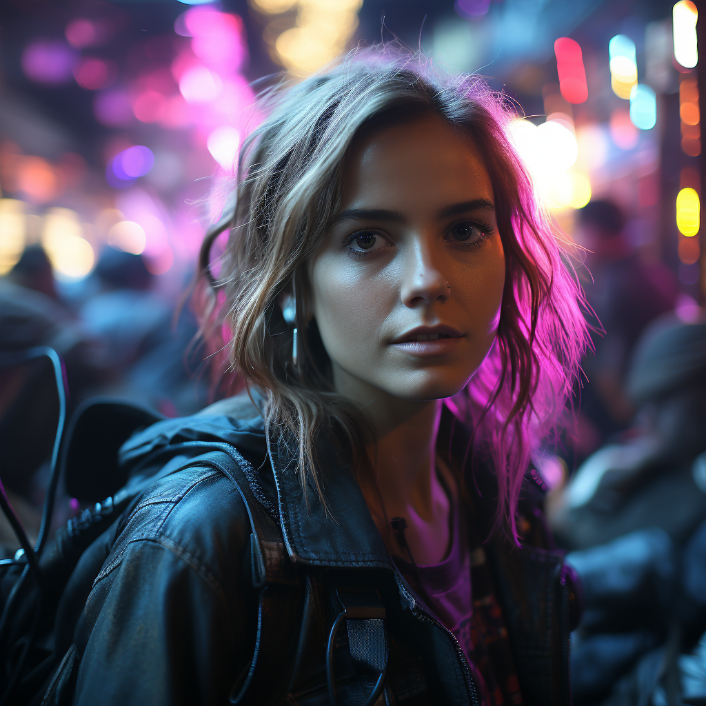 Emma Watson in Cyberpunk attire  (max 6 words)