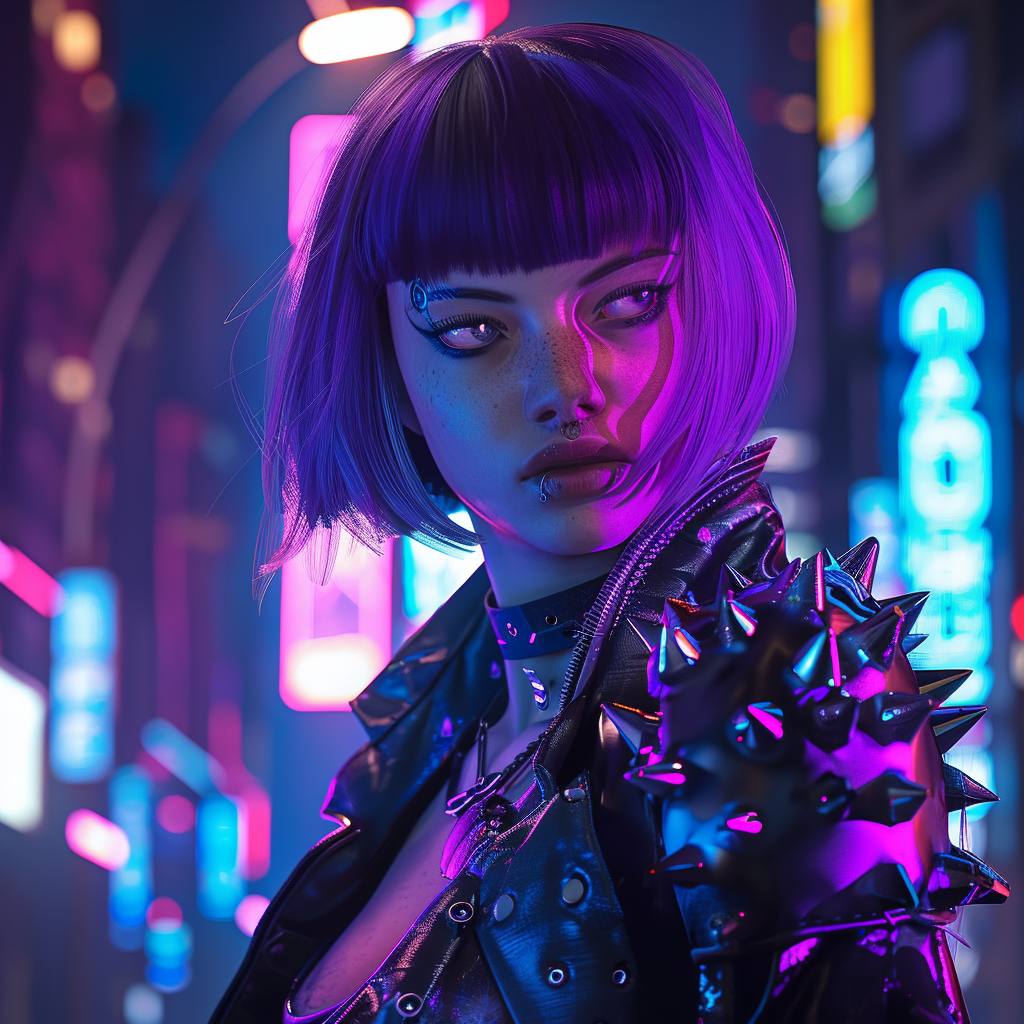 Cyberpunk female character with purple hair