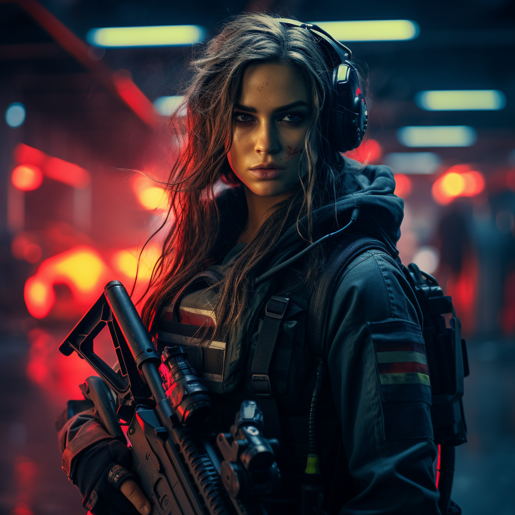 Hyperrealistic female marine in cyberpunk battle