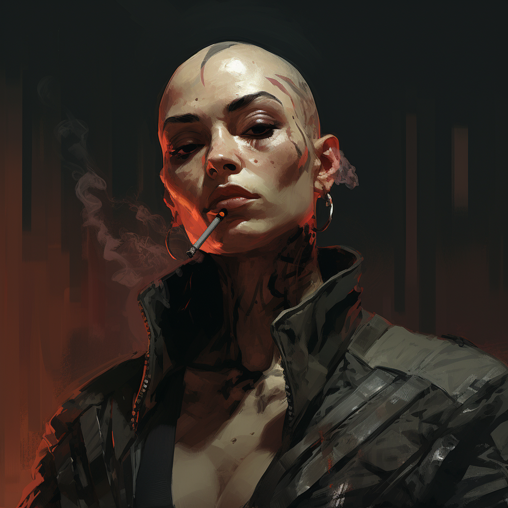 Cyberpunk female mercenary with scars and a half-shaven head