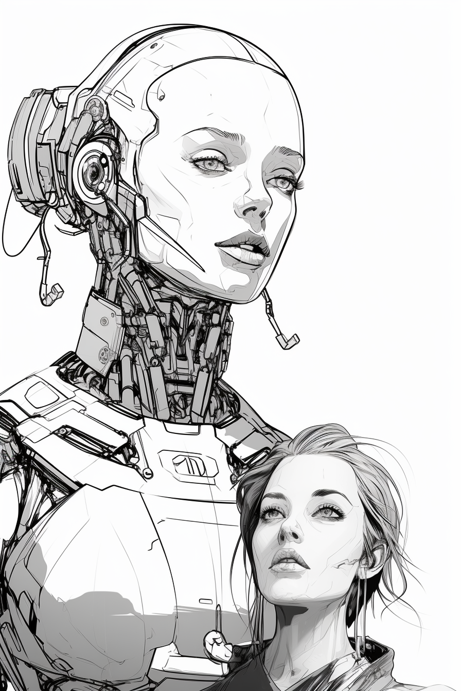 Sketch of female cyberpunk with two-headed robot