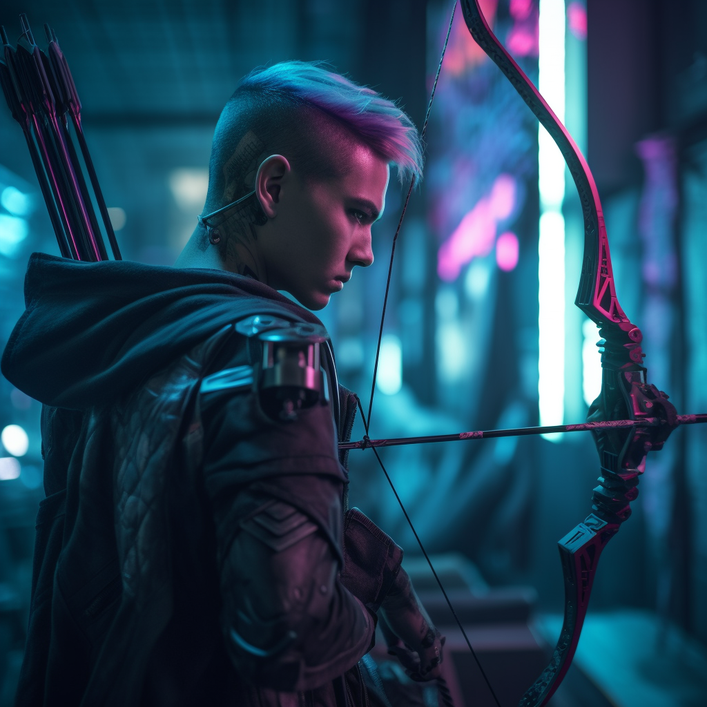 Cyberpunk male archer hunting in futuristic setting