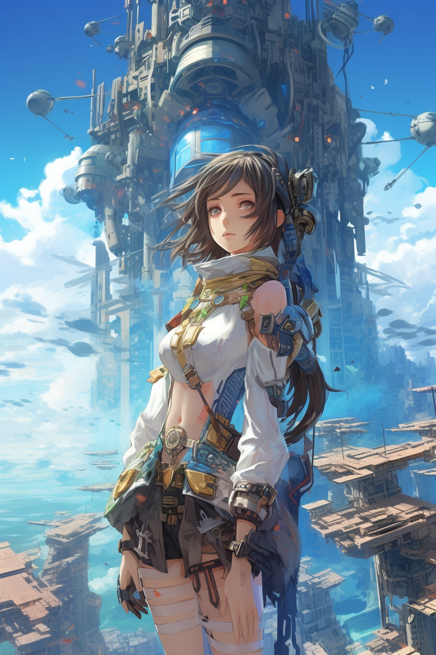 Young girl wearing cyberpunk clothing in fantasy kingdom mountains