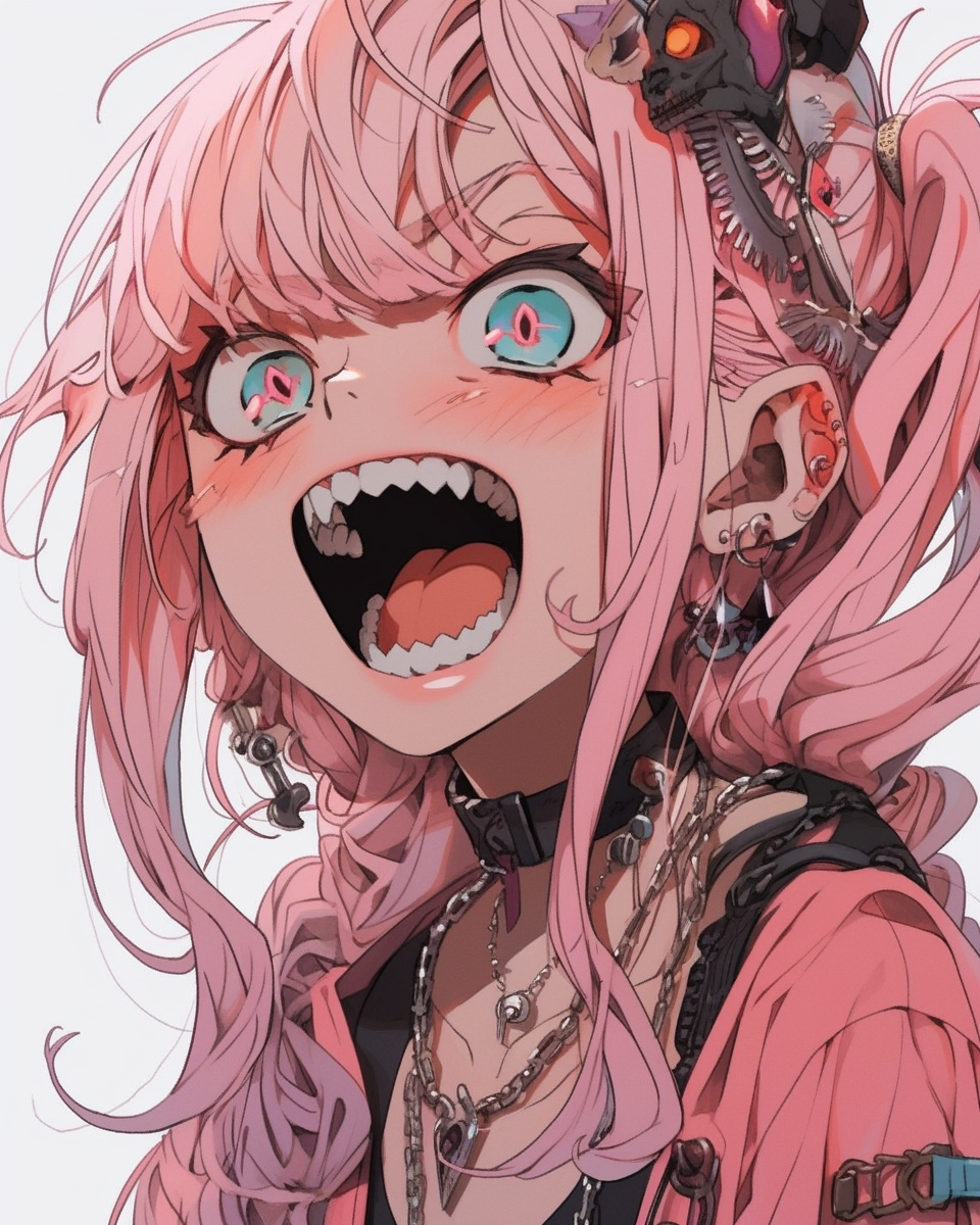 Cyberpunk girl singing with wide open mouth