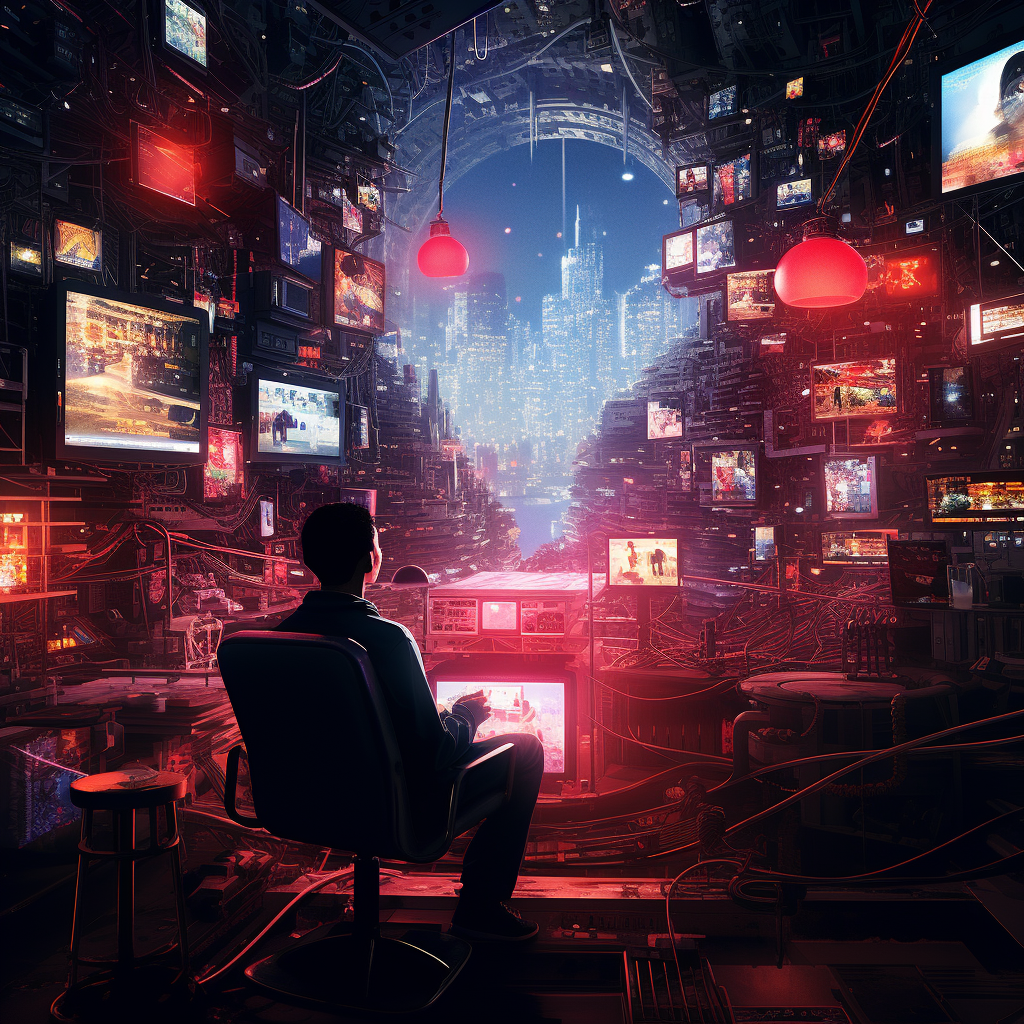 Cyberpunk hacker immersed in virtual reality