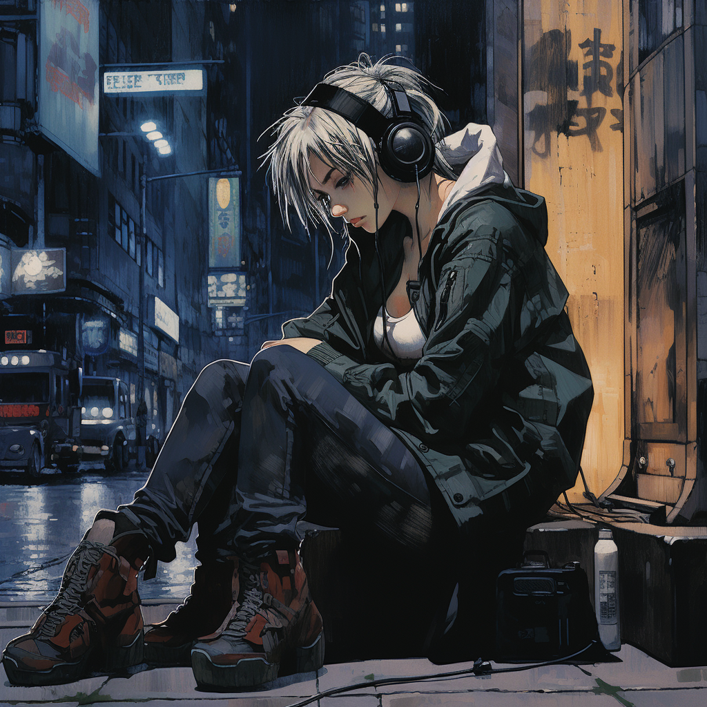 Cyberpunk hacker listening to music