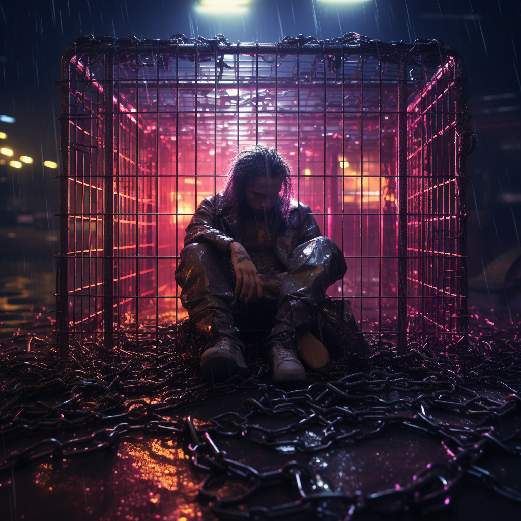 Cyberpunk hacker trapped in locked cage