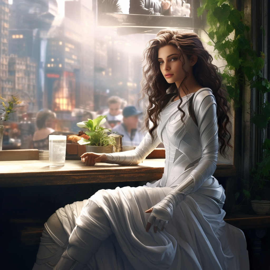 Female cyberpunk hero in beautiful white dress at café