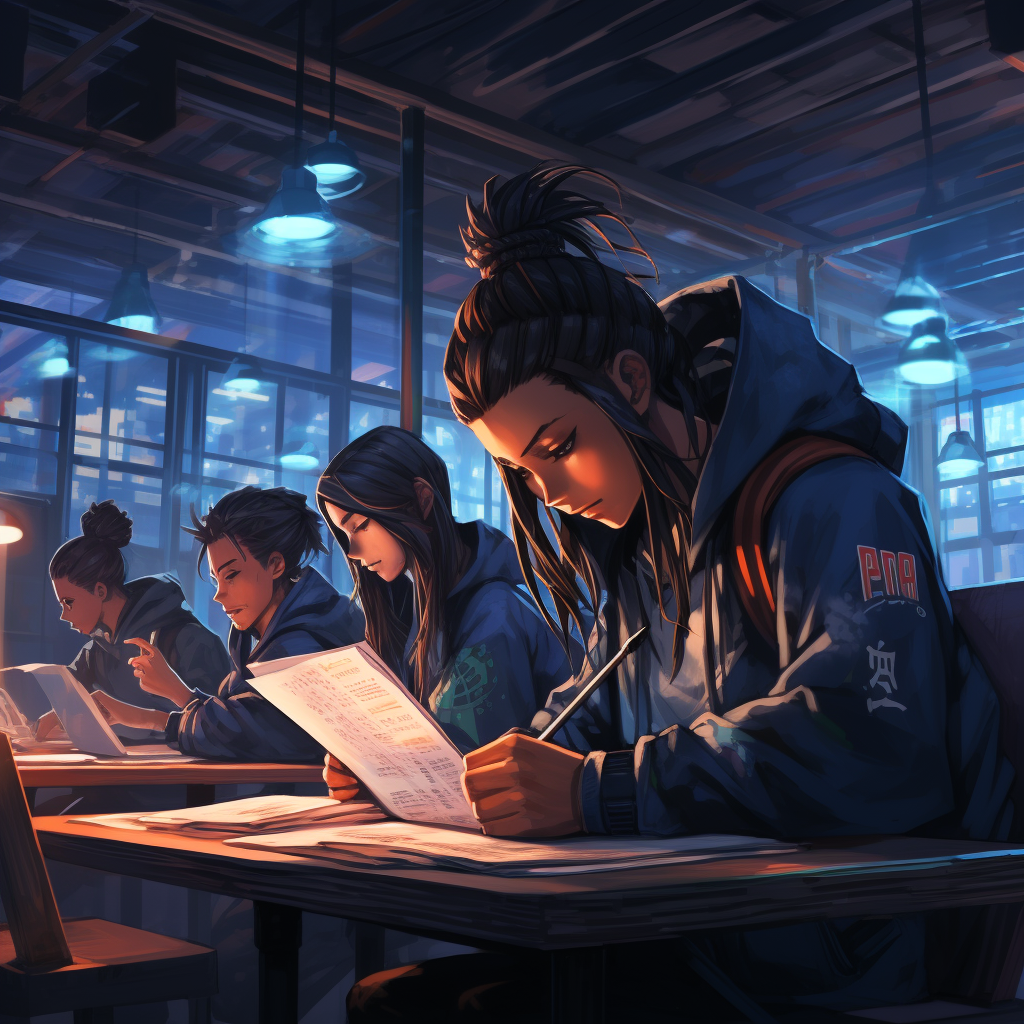 Group of students studying in a cyberpunk highschool class