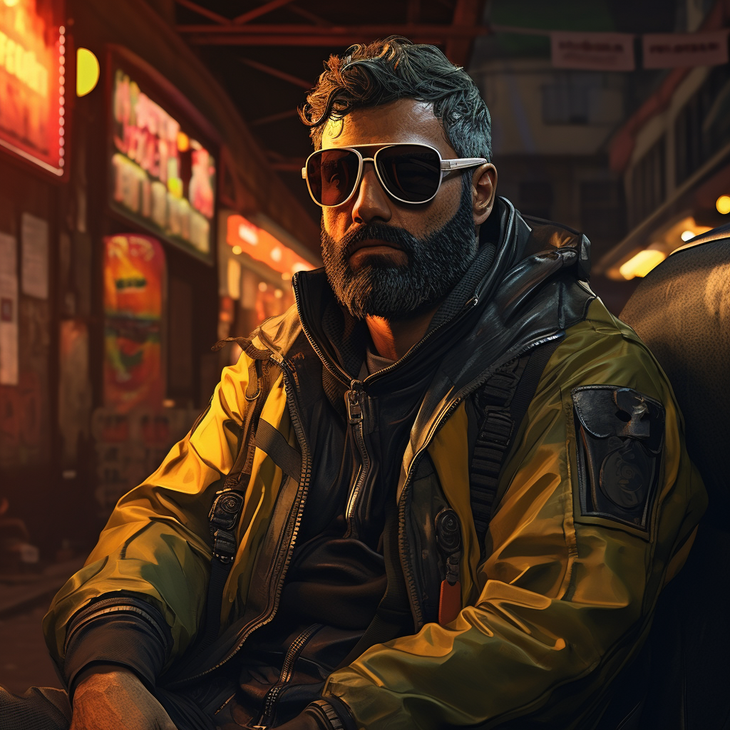 Italian taxi driver in cyberpunk city