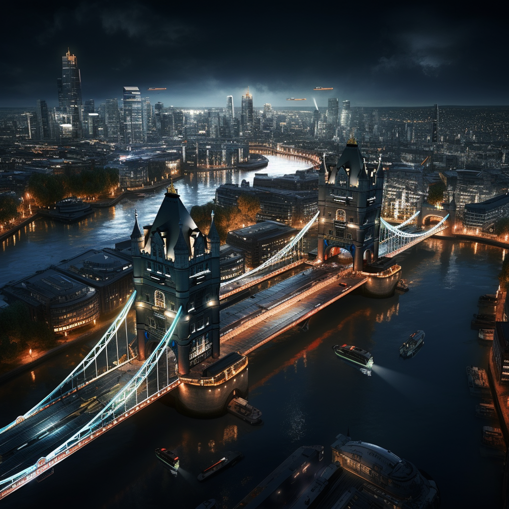 Impressive rendering of Cyberpunk London Tower Bridge at Night