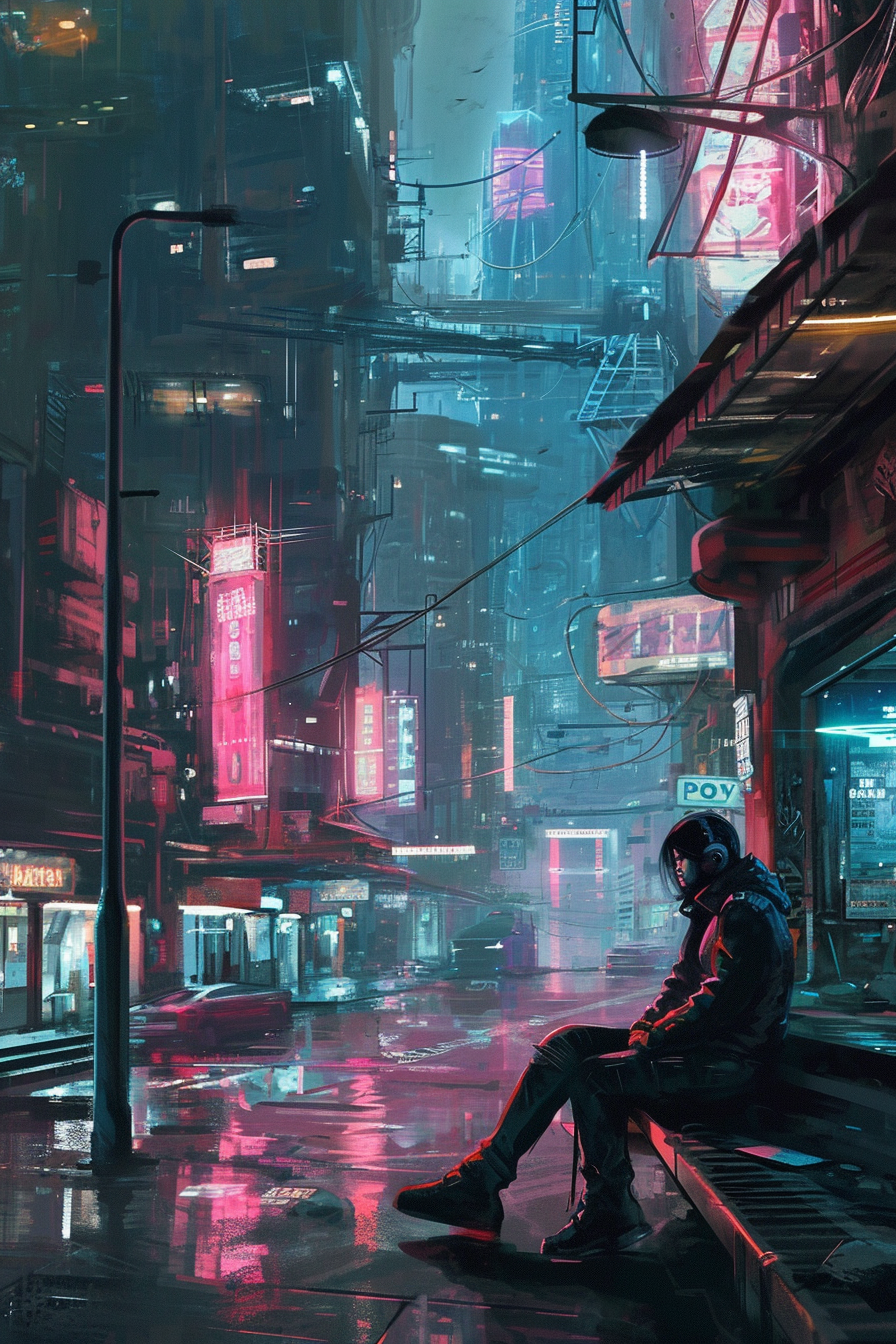 Cyberpunk love in futuristic cityscape