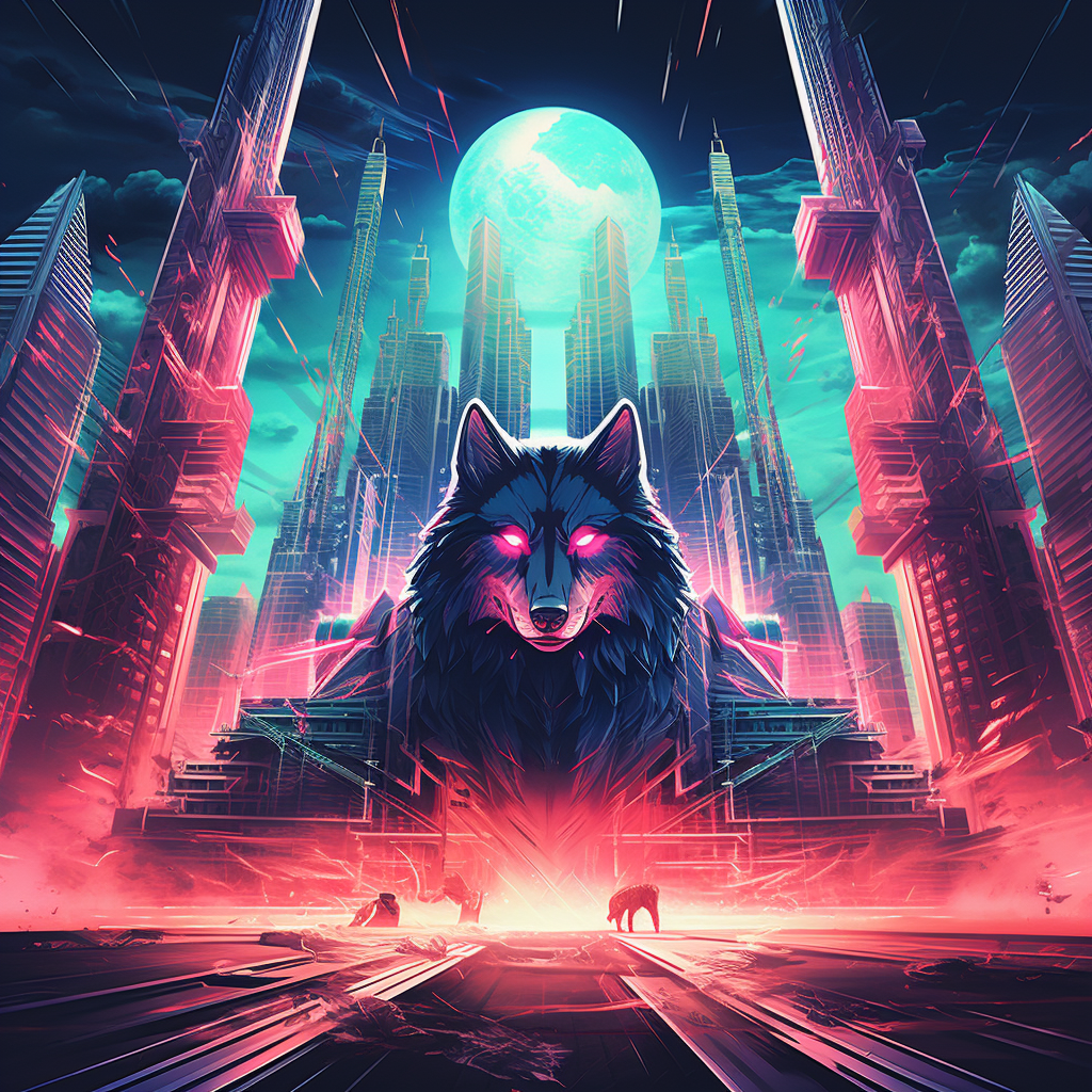 Neon-lit cyberpunk cityscape with a surreal wolf