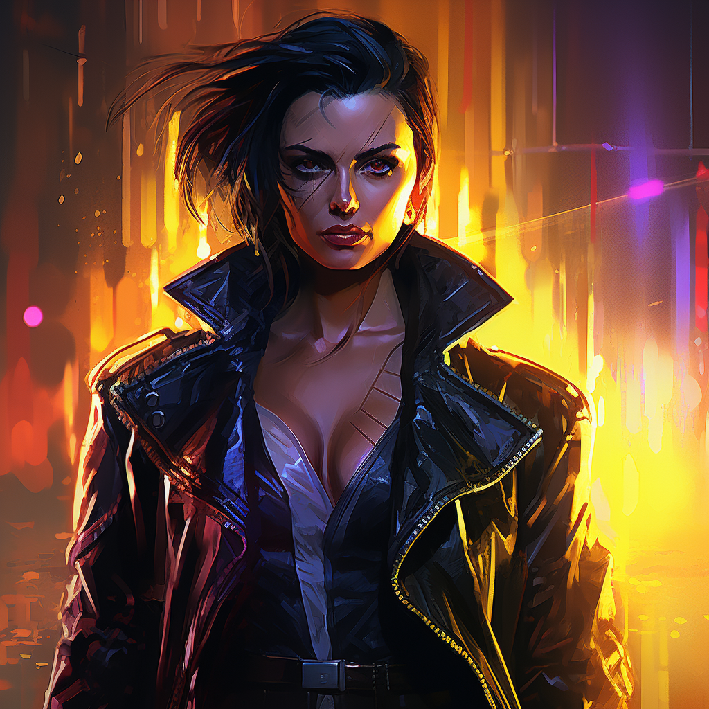 Stylish cyberpunk woman in leather coat with cyberarm