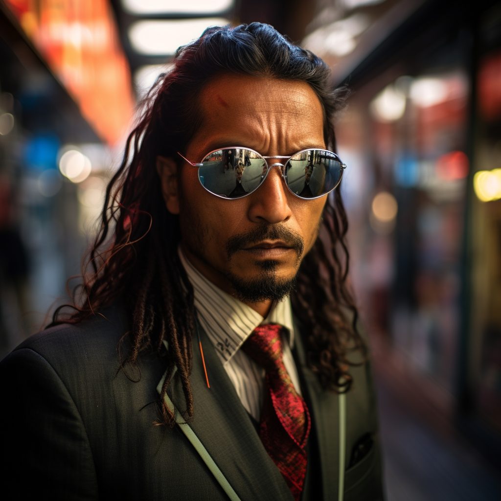 Nepali man in cyberpunk business suit with mirror glasses