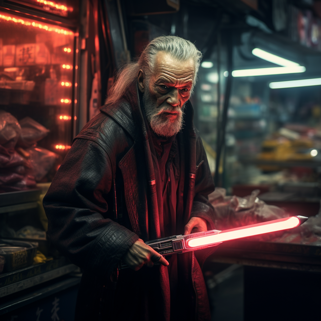 Cyberpunk old man selling lightsabers