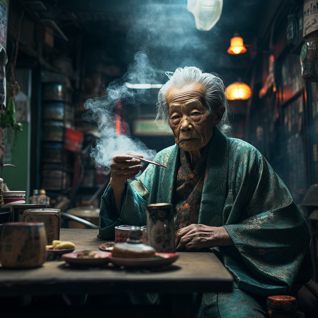 Elderly Cyberpunk Oyabun with Cigar