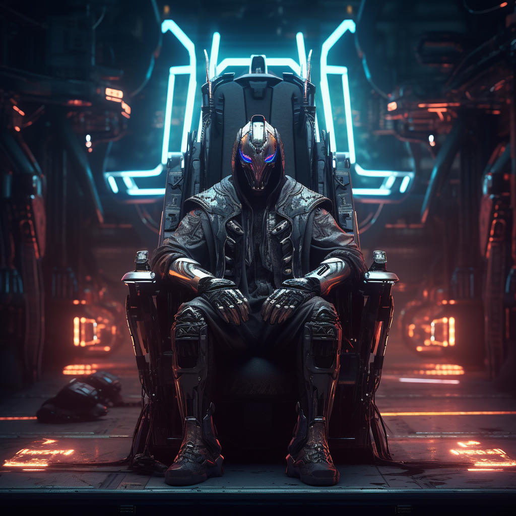 Neon-lit cyberpunk robot bountyhunter on throne