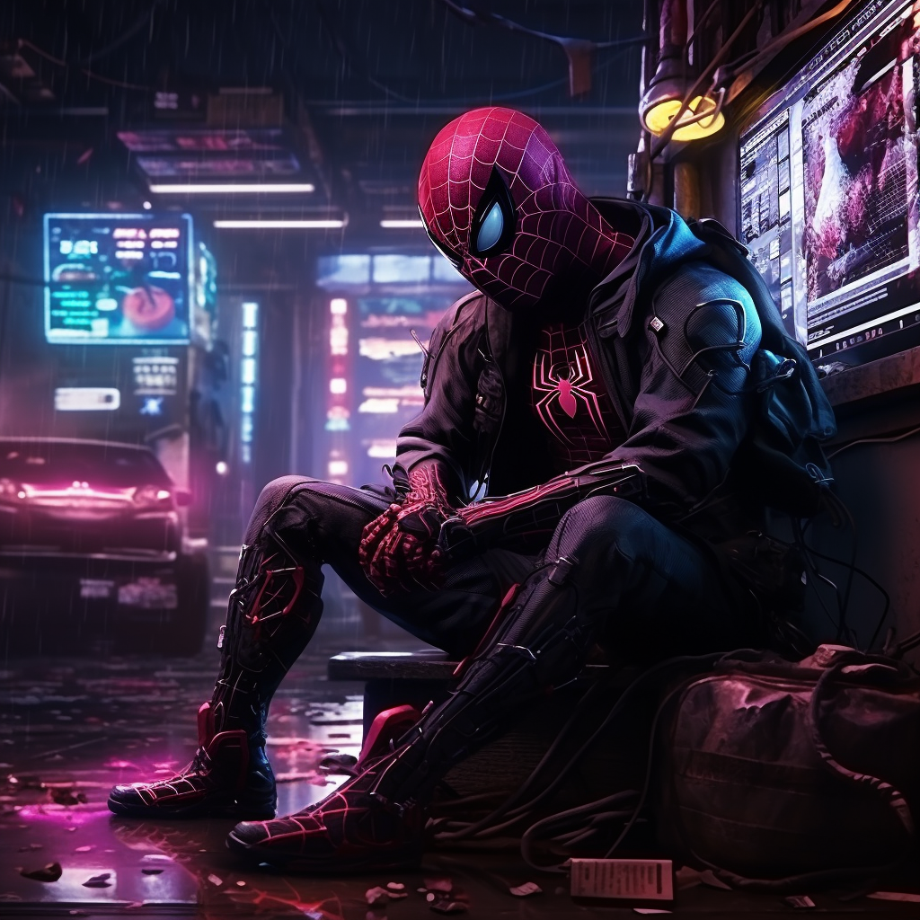 Sad cyberpunk Spiderman in futuristic cityscape