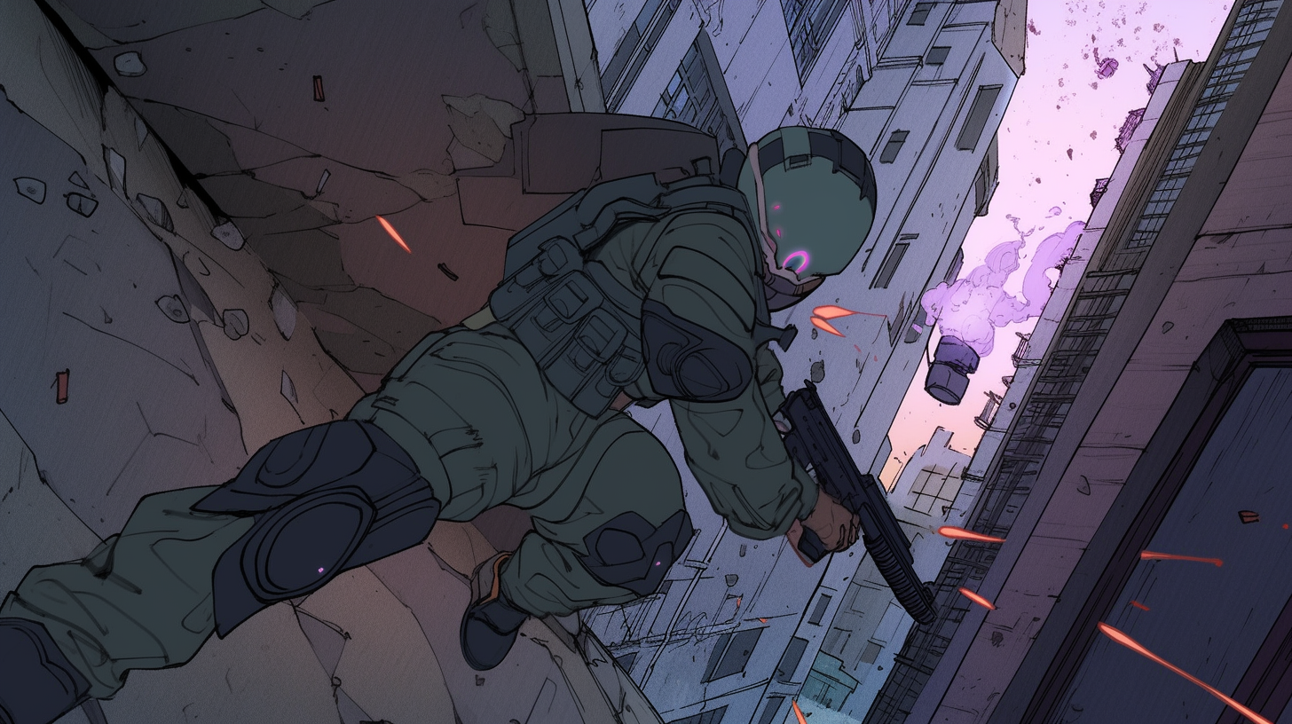 Cyberpunk soldier dodging gunfire image