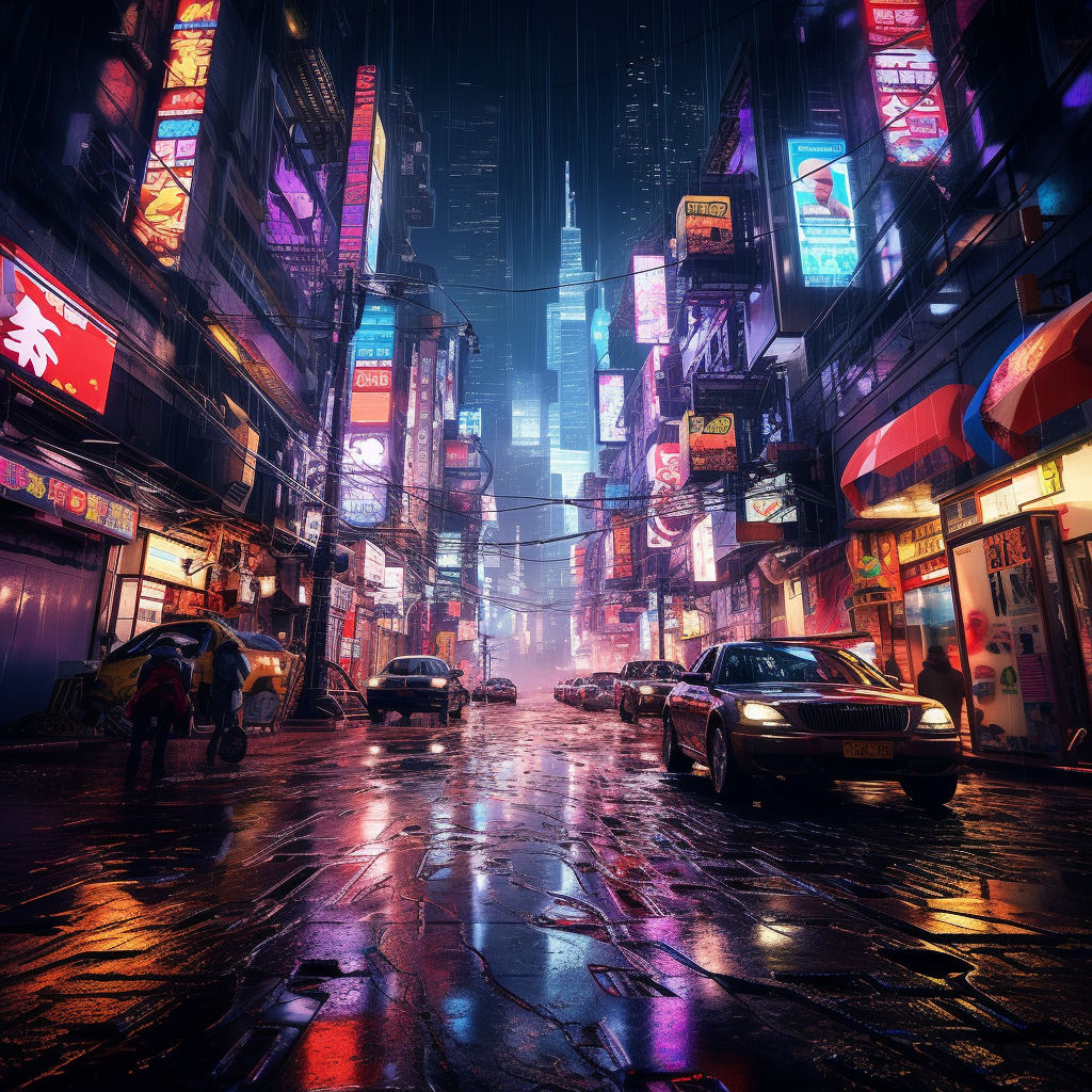 Vivid cyberpunk street scene