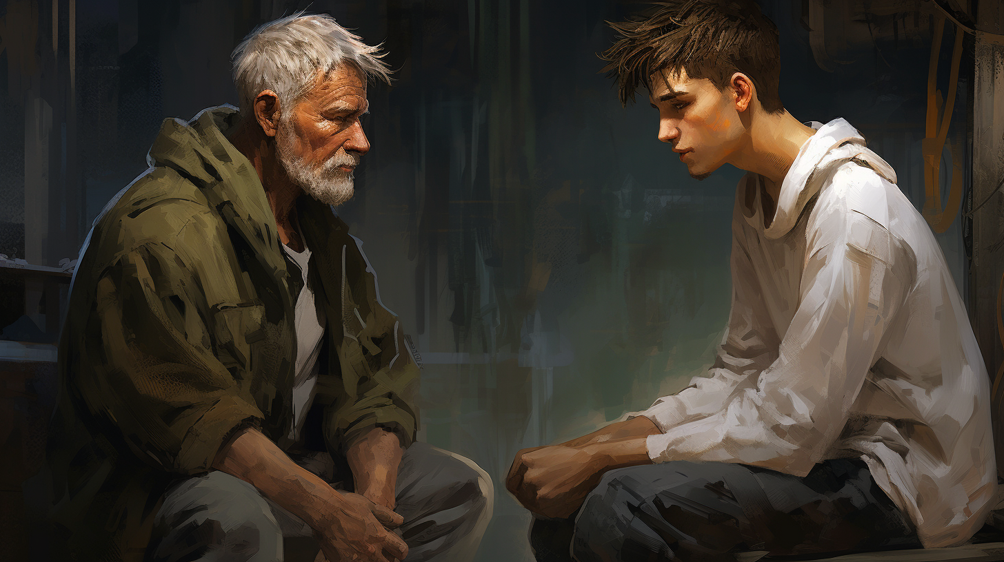 Cyberpunk street thug with old teacher-figure man in white clothes