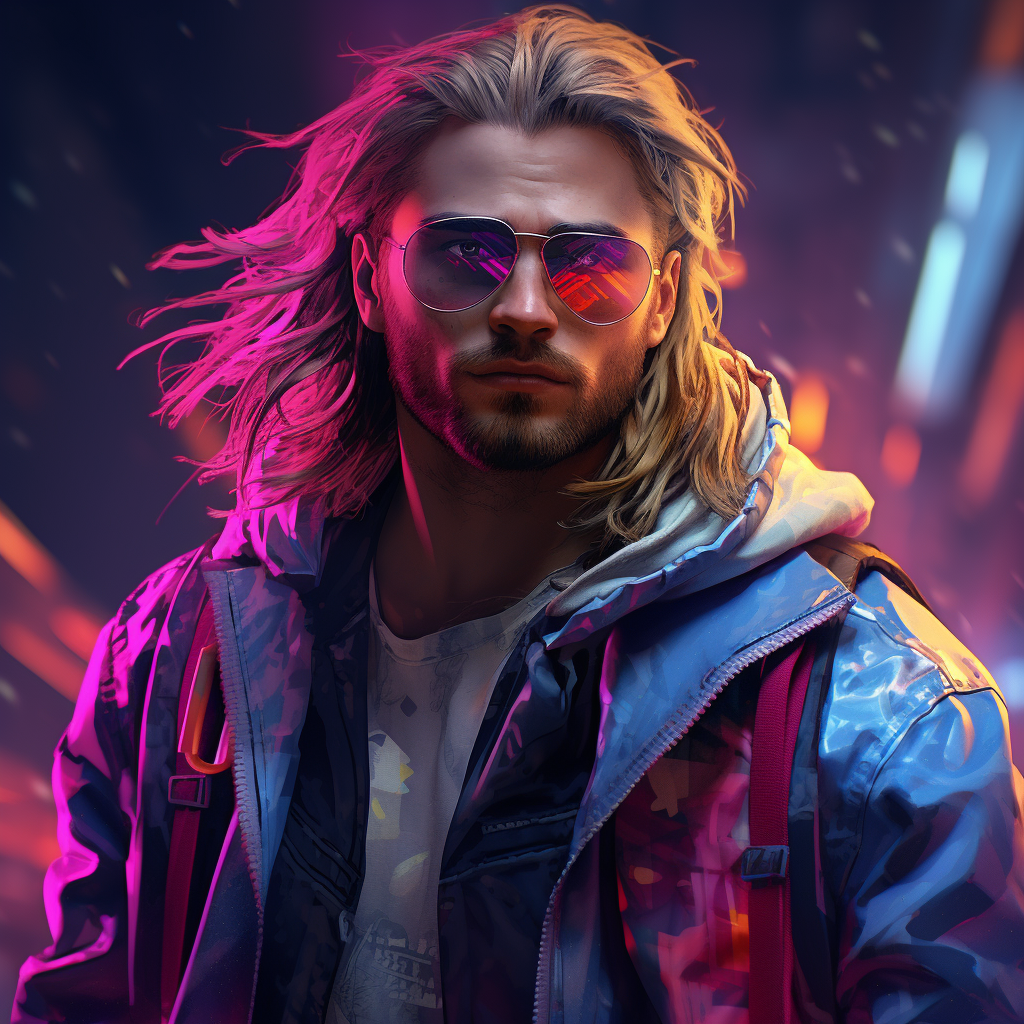 Stylish bearded man in cyberpunk streetwear outfit