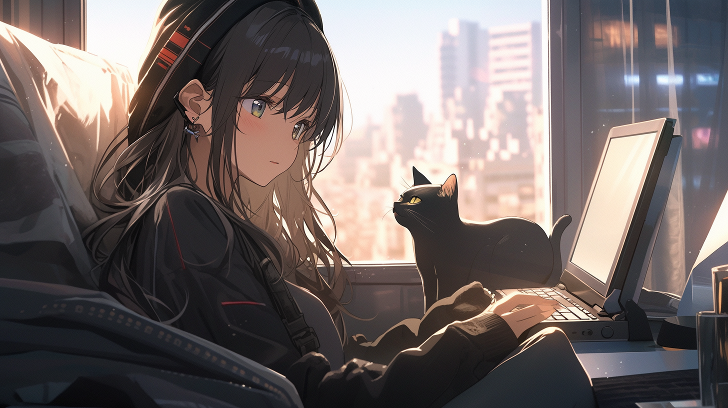 Female student in cyberpunk world reading laptop with cat