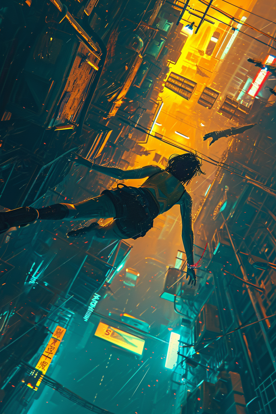 Cyberpunk woman falling from neon building