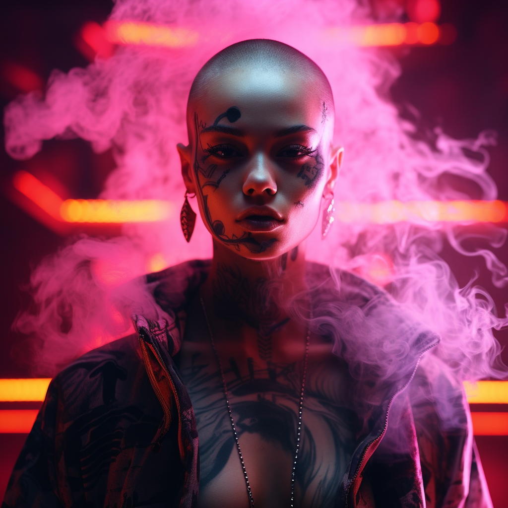 Cyberpunk woman with neon lights and smoke