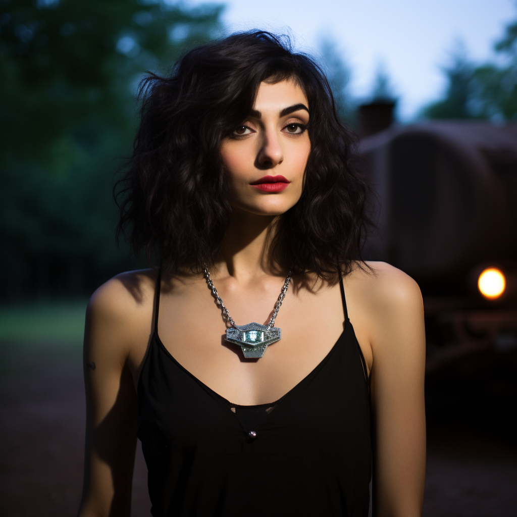 Woman wearing Cybertruck necklace elegantly