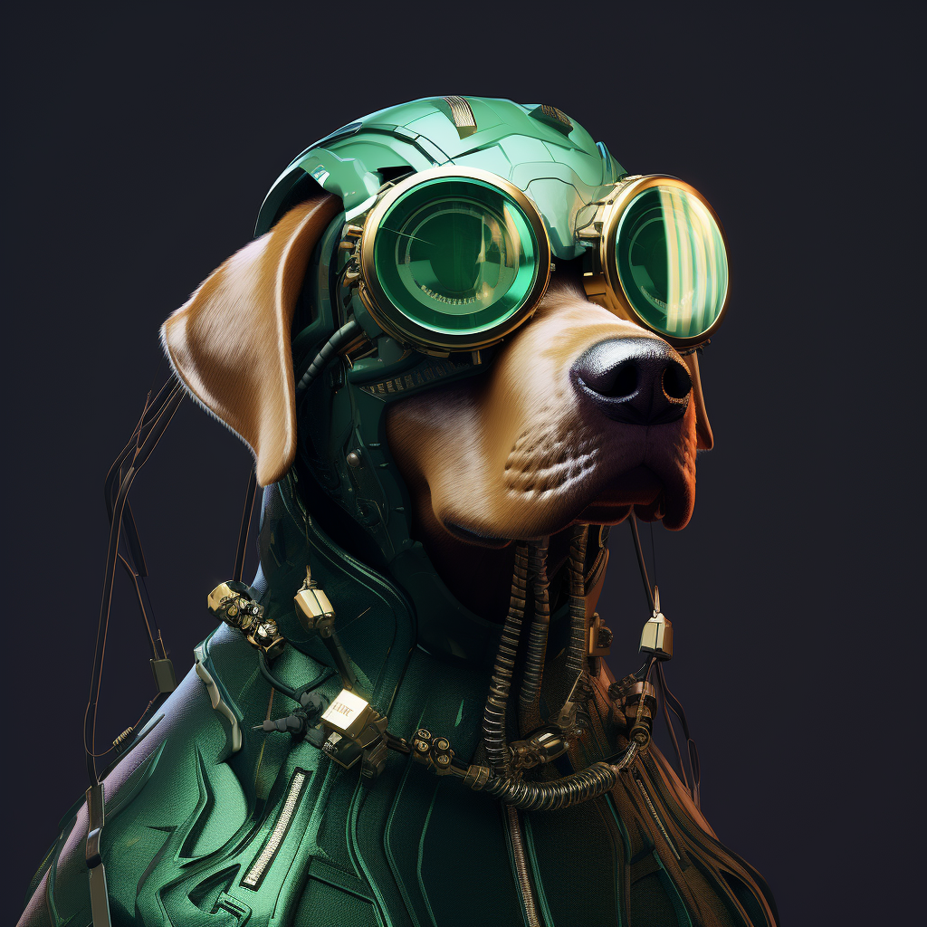 Cyborg-dog labrador wearing glasses and a fancy chain