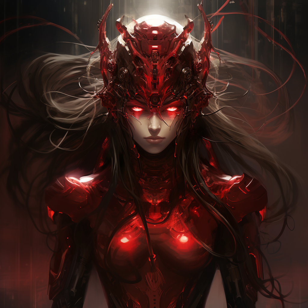 Detailed image of a red, aggressive cyborg goddess